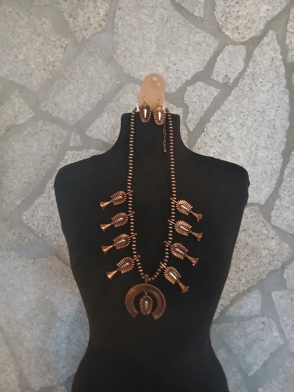 Handcrafted Copper Squash Blossom Necklace and Earrings Set - Copper